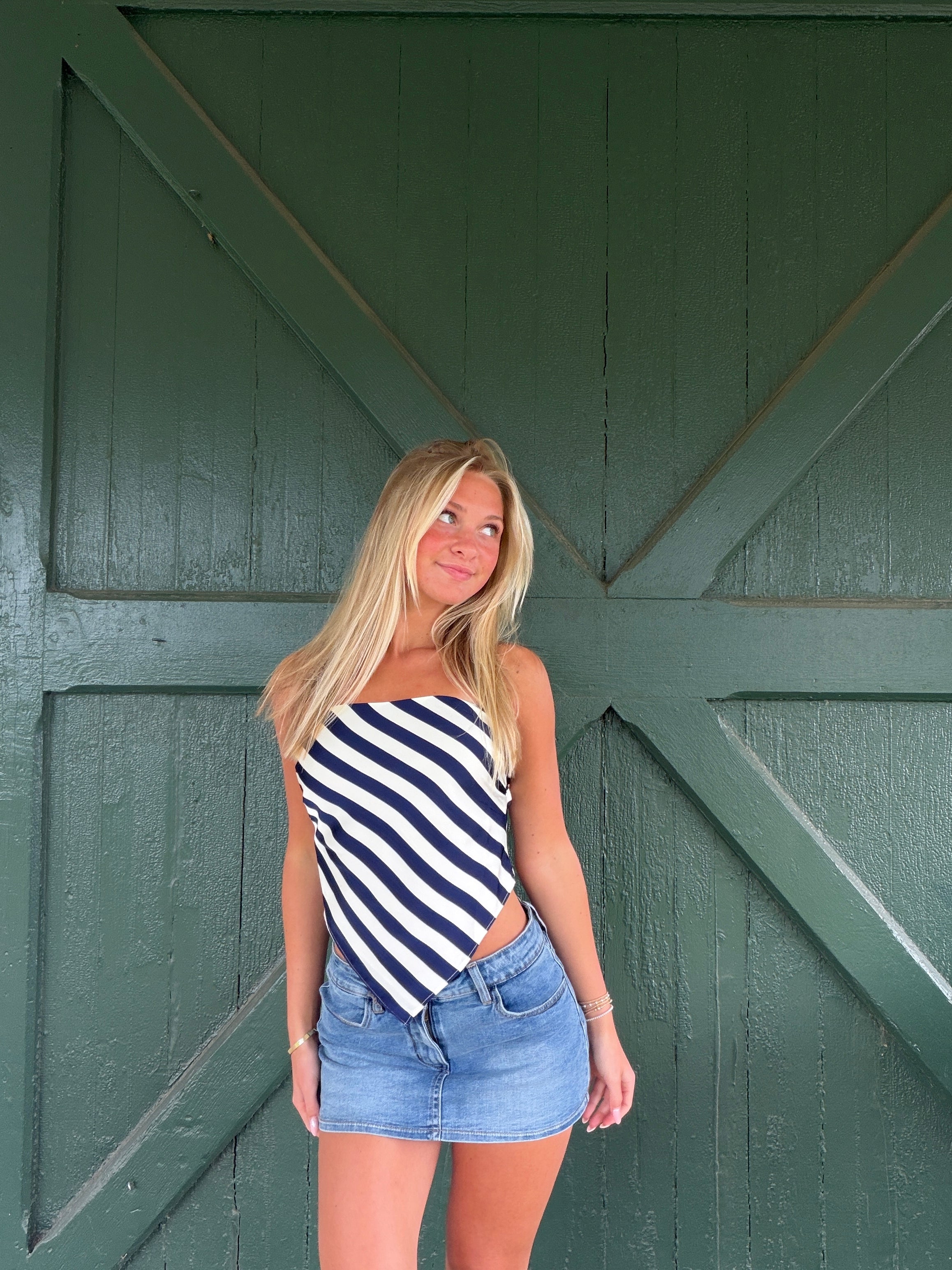 Monroe Satin Handkerchief Stripe Top - Navy