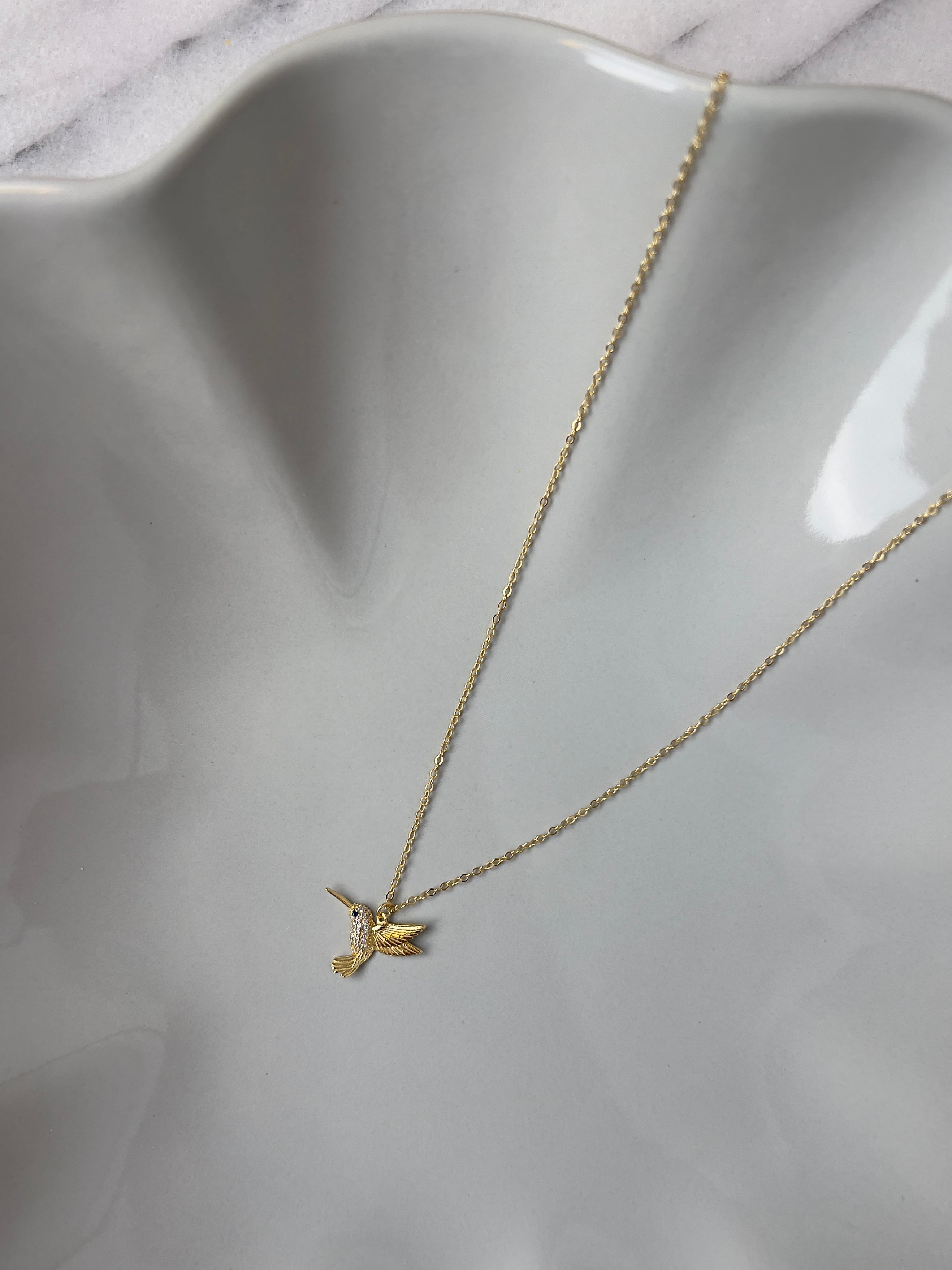 Hummingbird of Light Necklace – Pavé CZ Hummingbird Pendant in 14K Gold Plated Sterling Silver