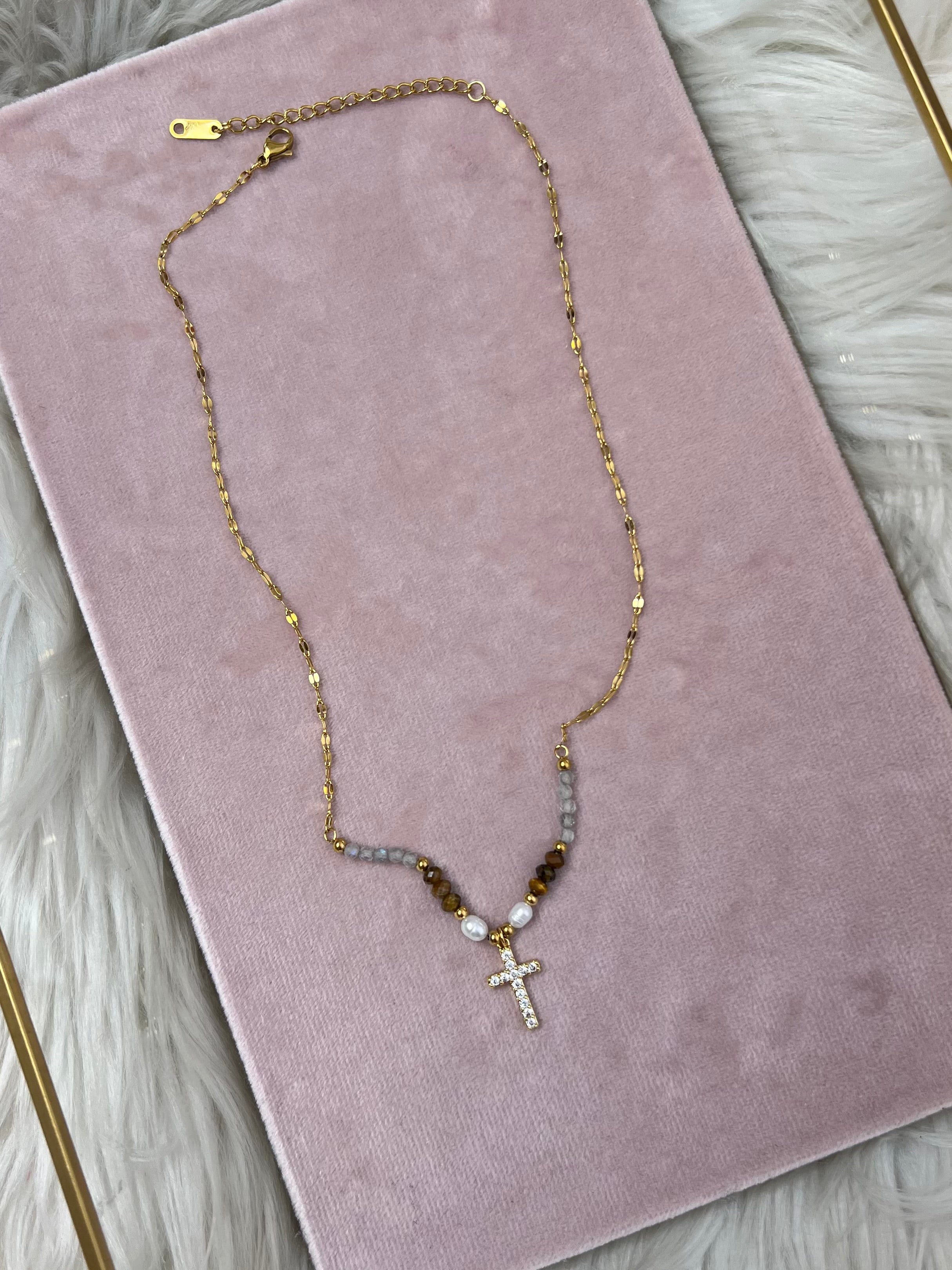 The Valencia Boho Crystal Cross Necklace – Water-Resistant, Tarnish-Resistant