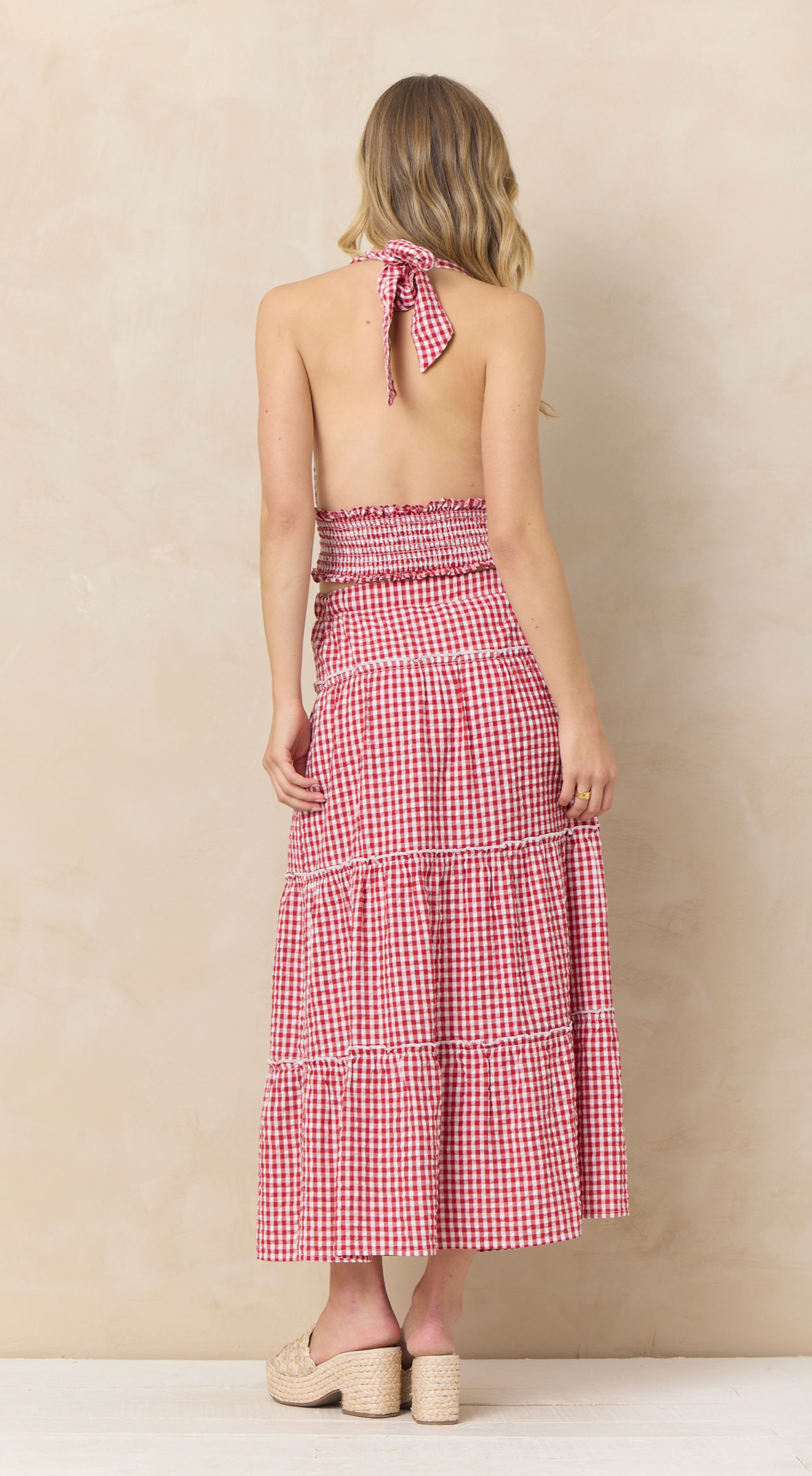 Vintage Havana Red Cherry Gingham Woven Maxi Prairie Skirt