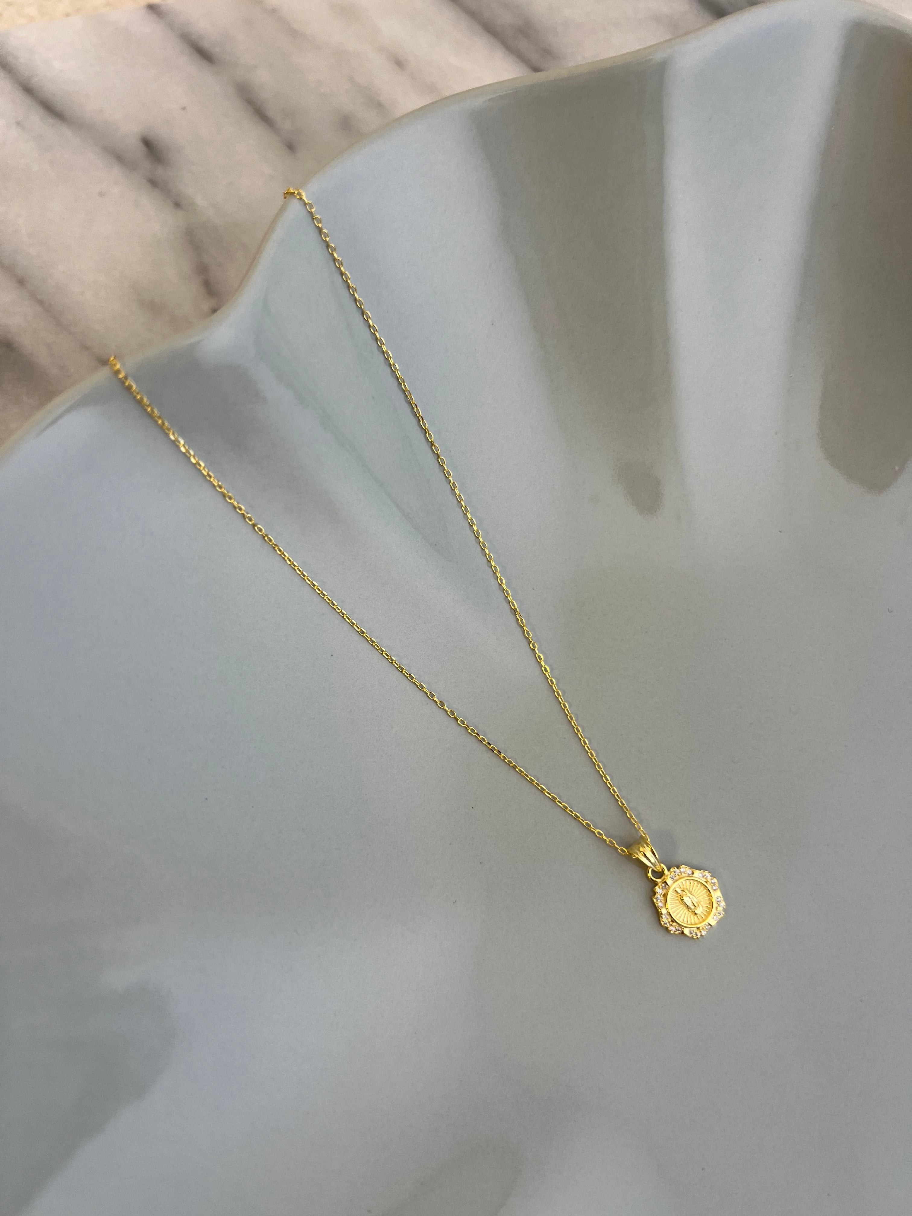 Petite Mother Mary Necklace – CZ Halo Medallion in 14K Gold Plated Sterling Silver