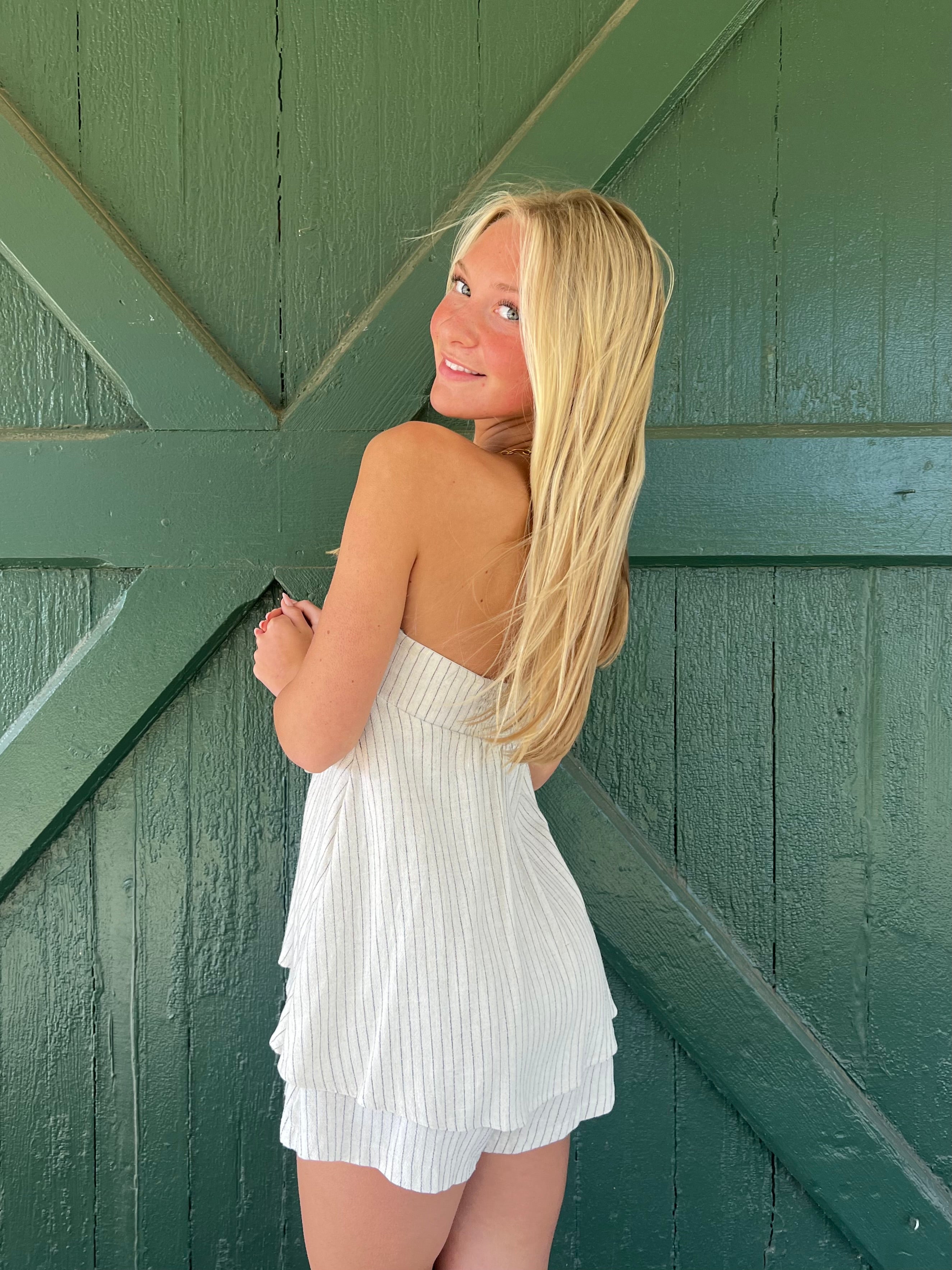 Luna Coast Strapless Striped Tie-Front Romper Dress