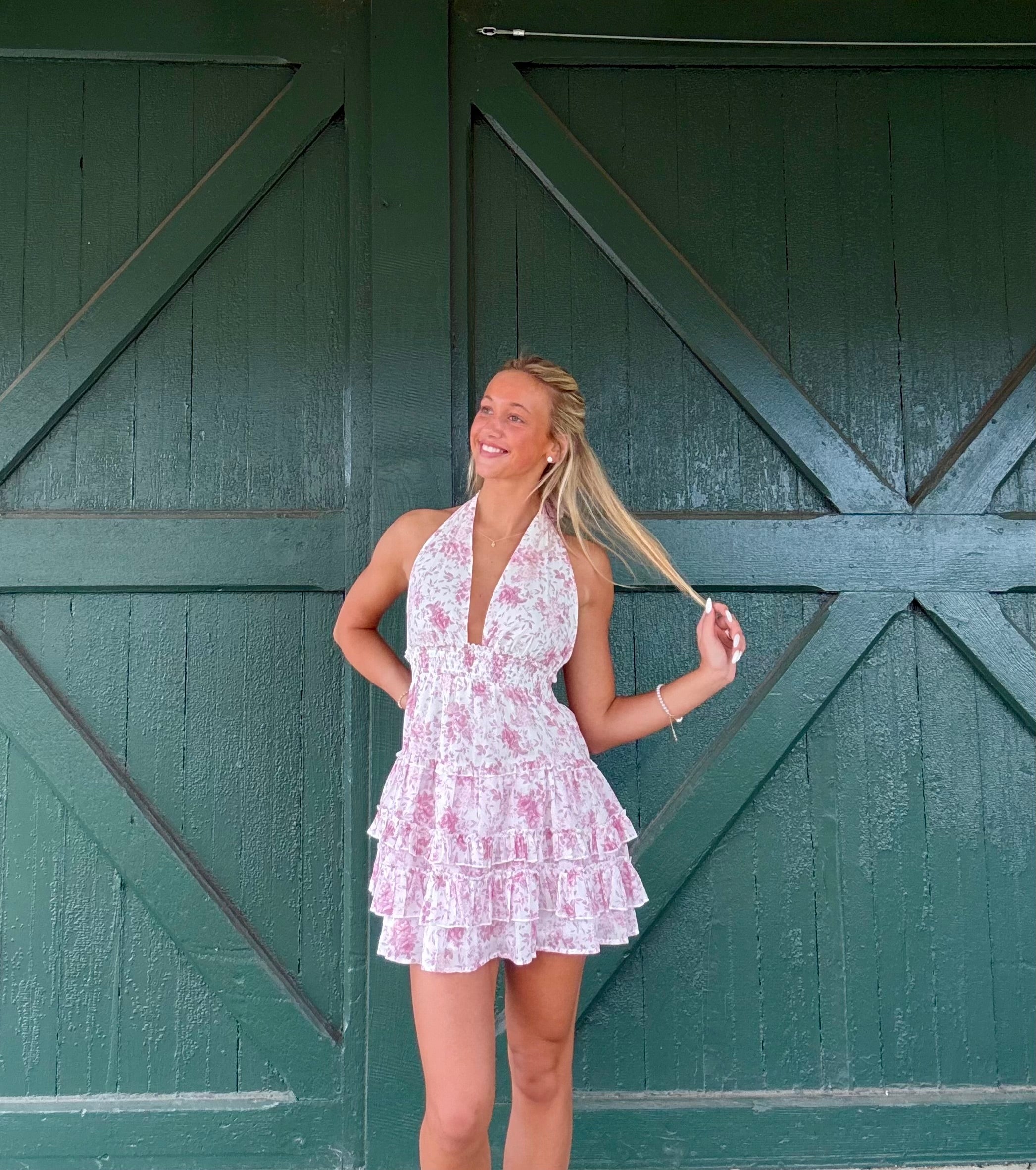 Lila Pink Hydrangea Floral Halter Ruffle Mini Dress