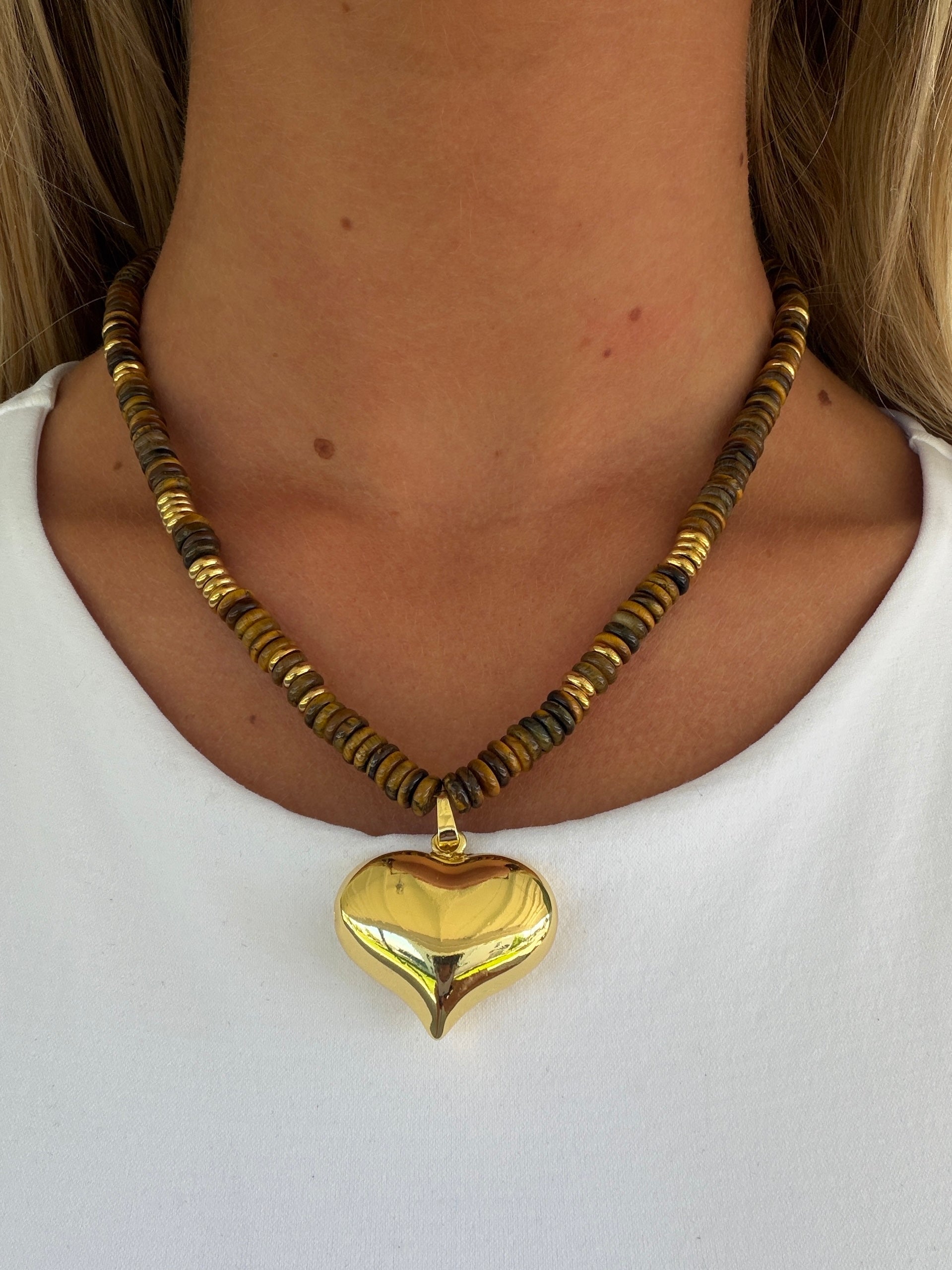 Golden Heart Statement Beaded Chain Necklace – 14K Gold Plated
