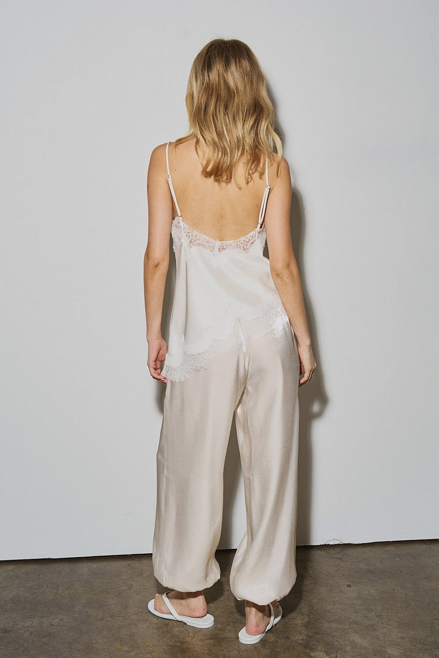 Elara Lace Trim Cami – Off White Asymmetrical Satin Tank