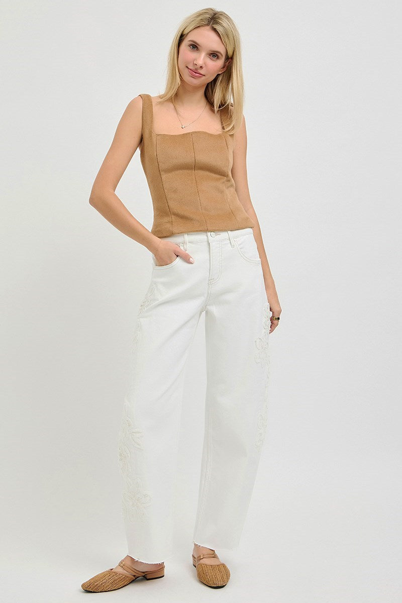 RISEN Tummy Control Slouchy Barrel Fit Pants – Cream with Floral Embroidery