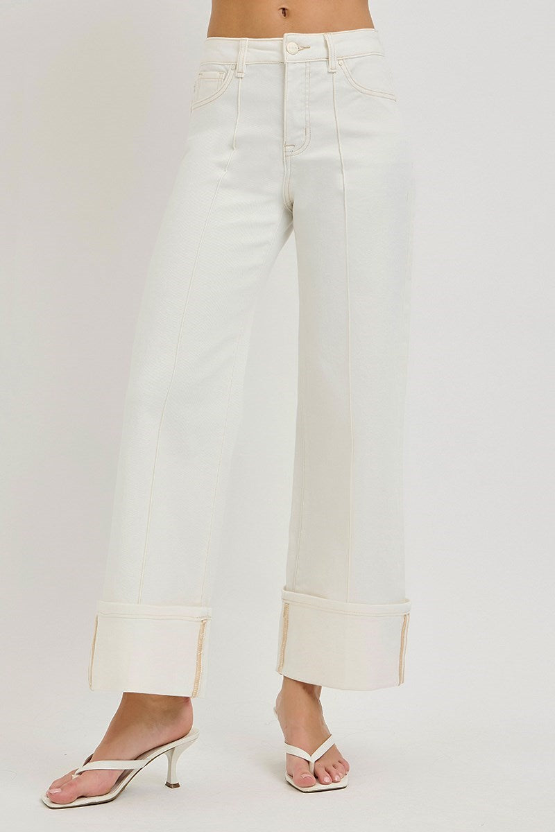 Risen Tummy Control High Rise Crop Wide Leg Denim – Cream