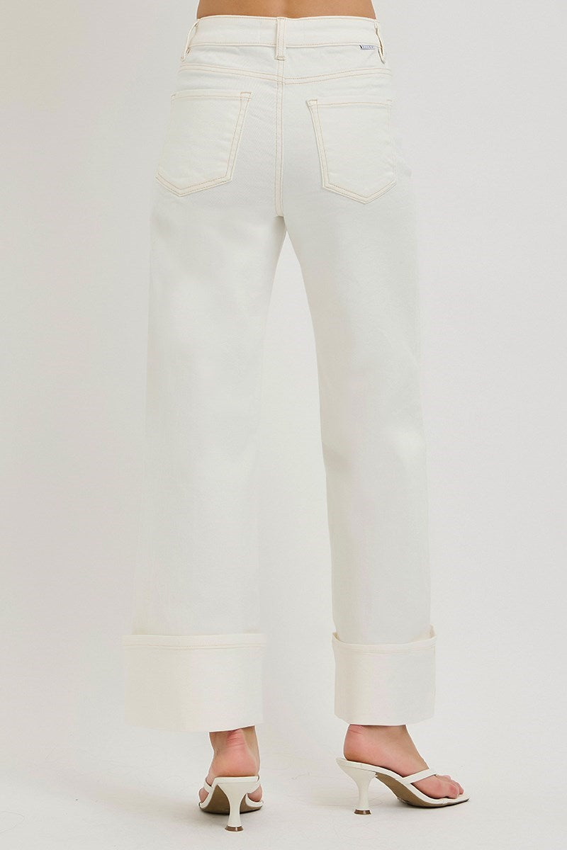 Risen Tummy Control High Rise Crop Wide Leg Denim – Cream