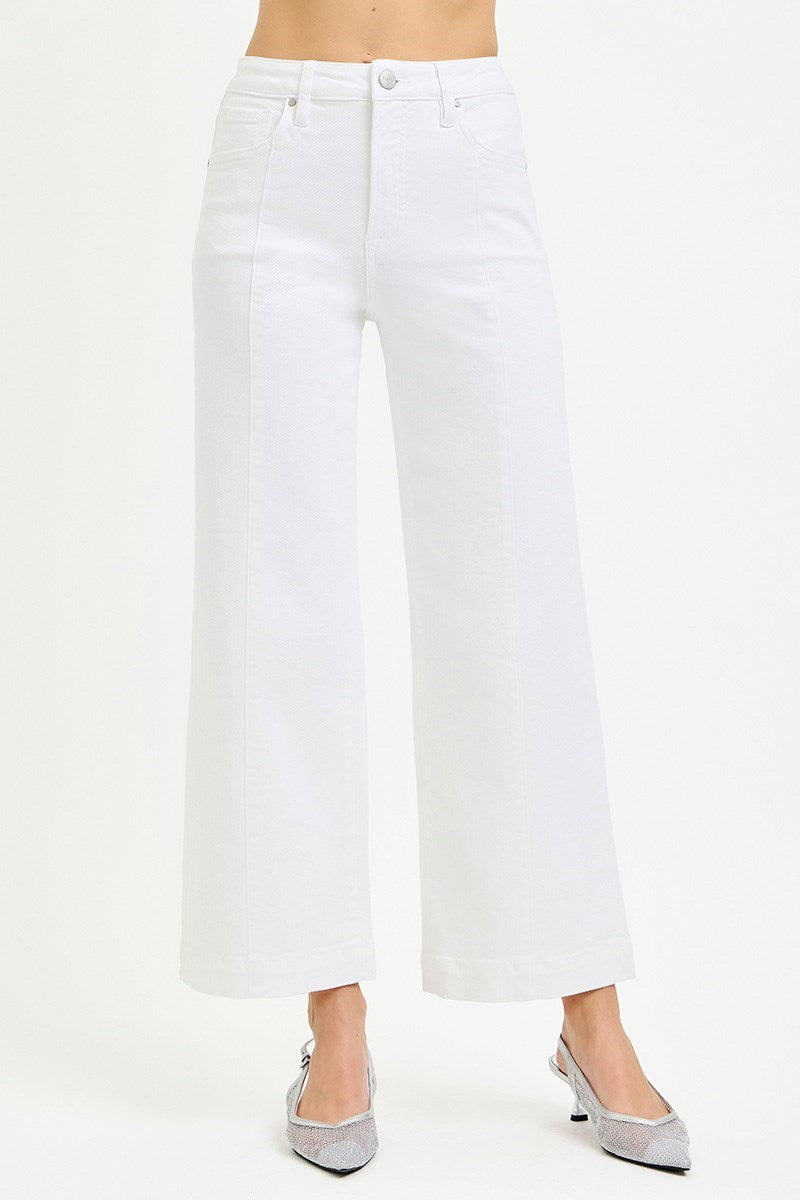 Risen Tummy Control High Rise Crop Wide Leg Pants – White