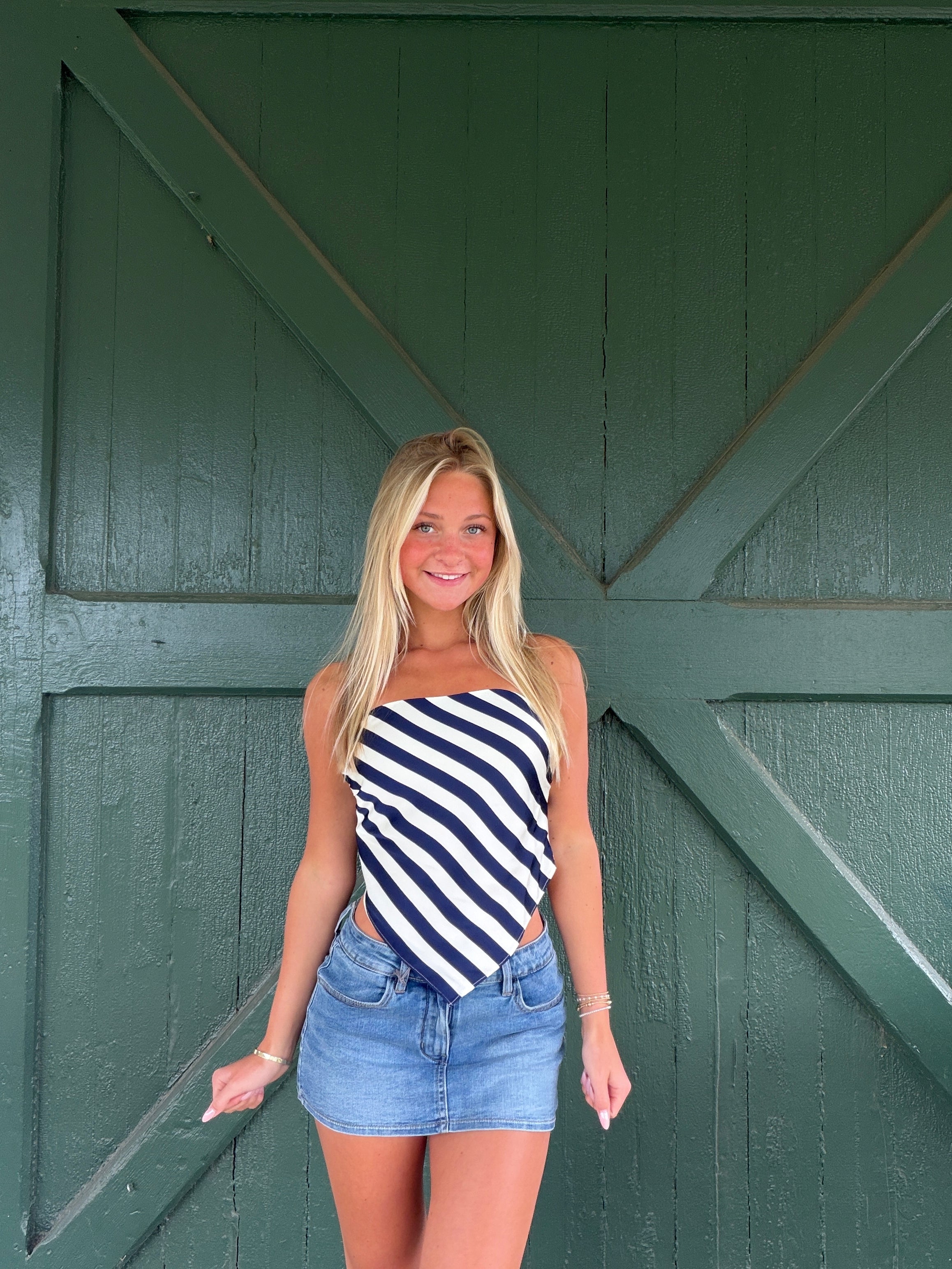 Monroe Satin Handkerchief Stripe Top - Navy