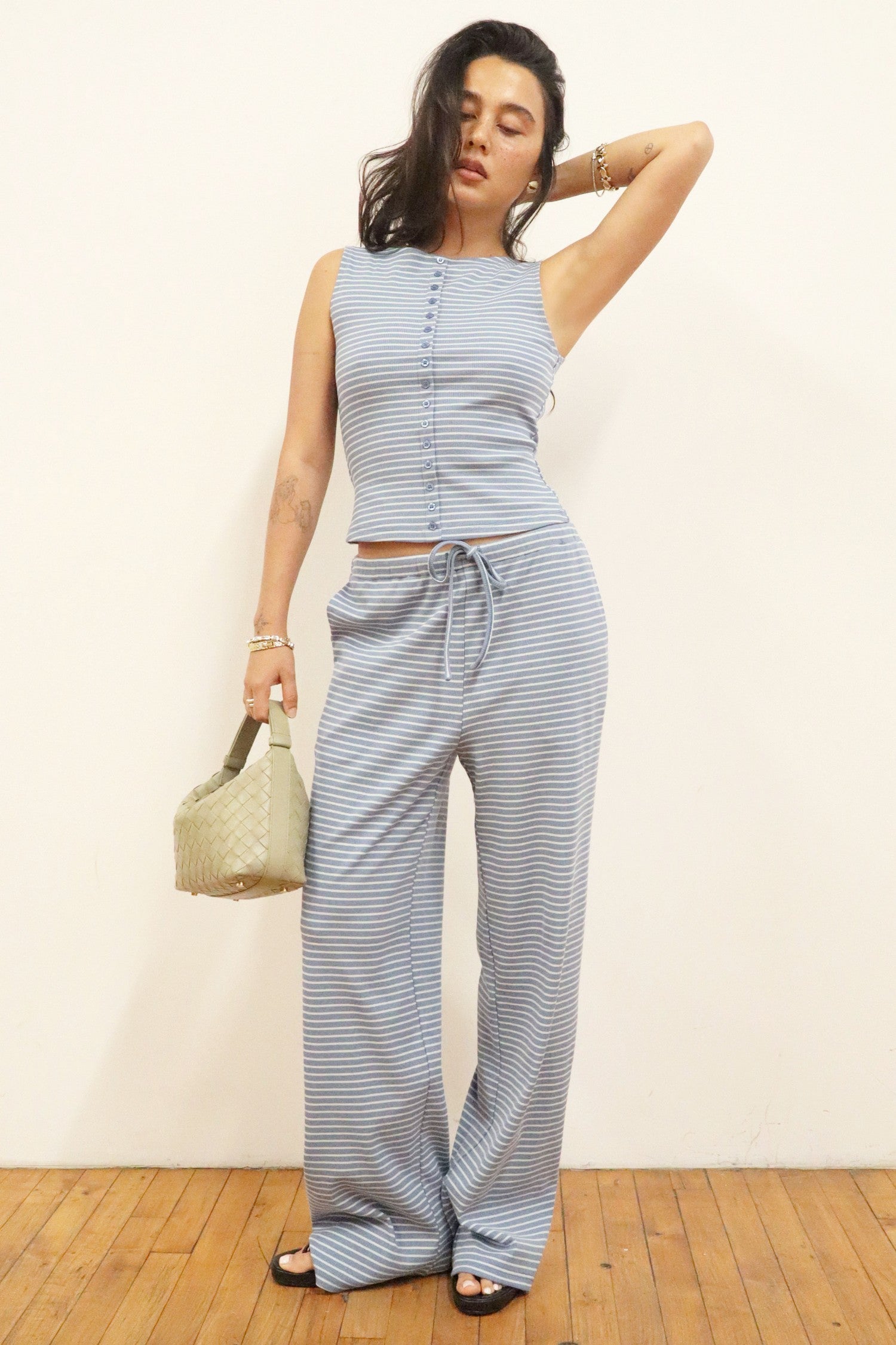 The Dylan Dusty Blue Stripe Knit  Wide Leg Pant