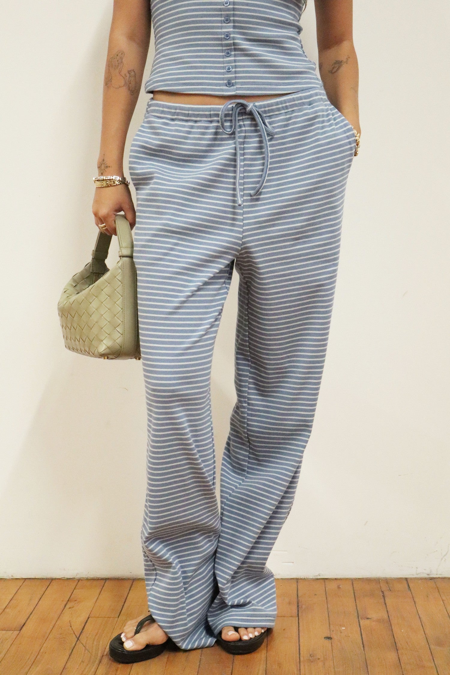 The Dylan Dusty Blue Stripe Knit  Wide Leg Pant