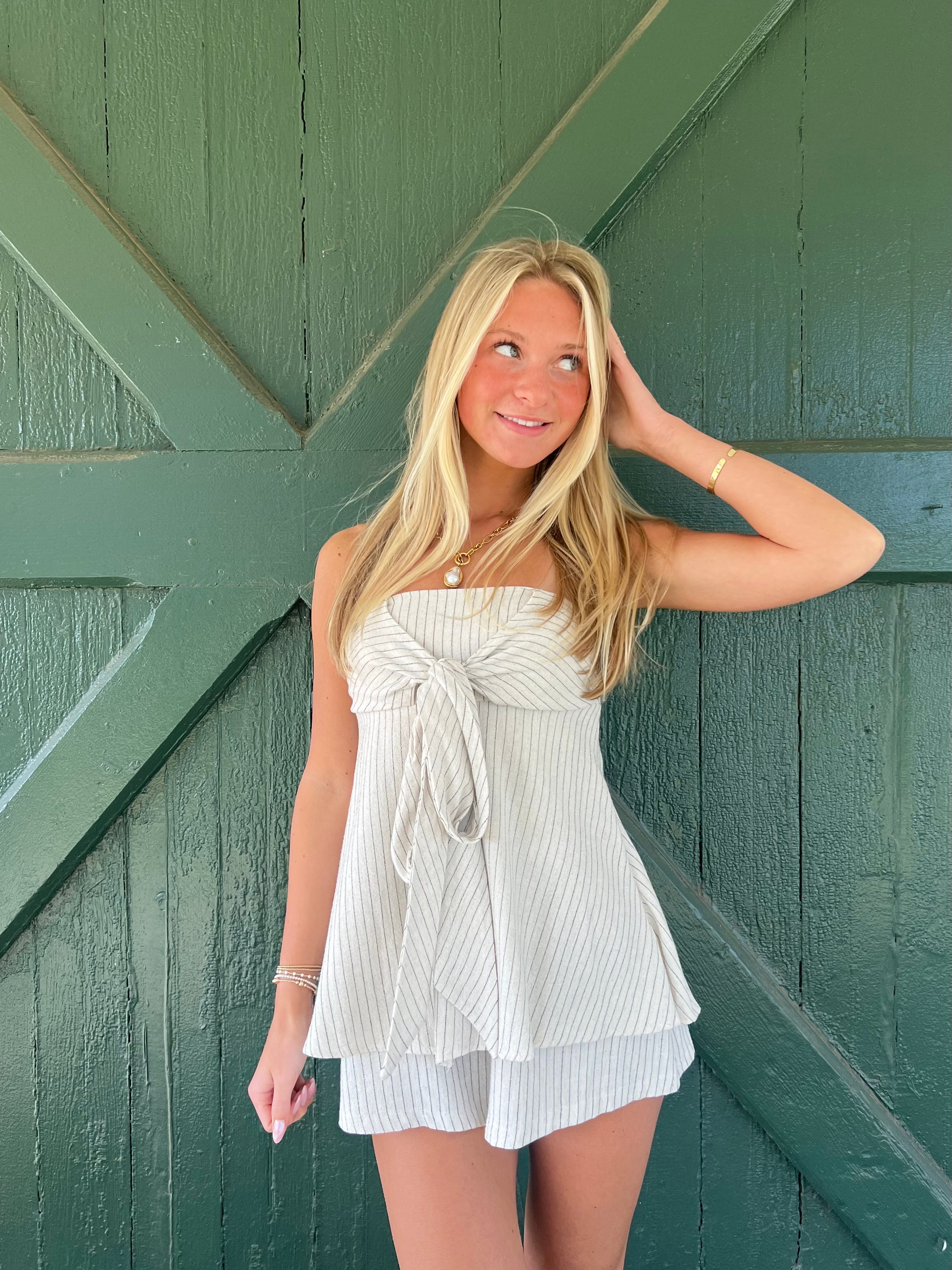 Luna Coast Strapless Striped Tie-Front Romper Dress