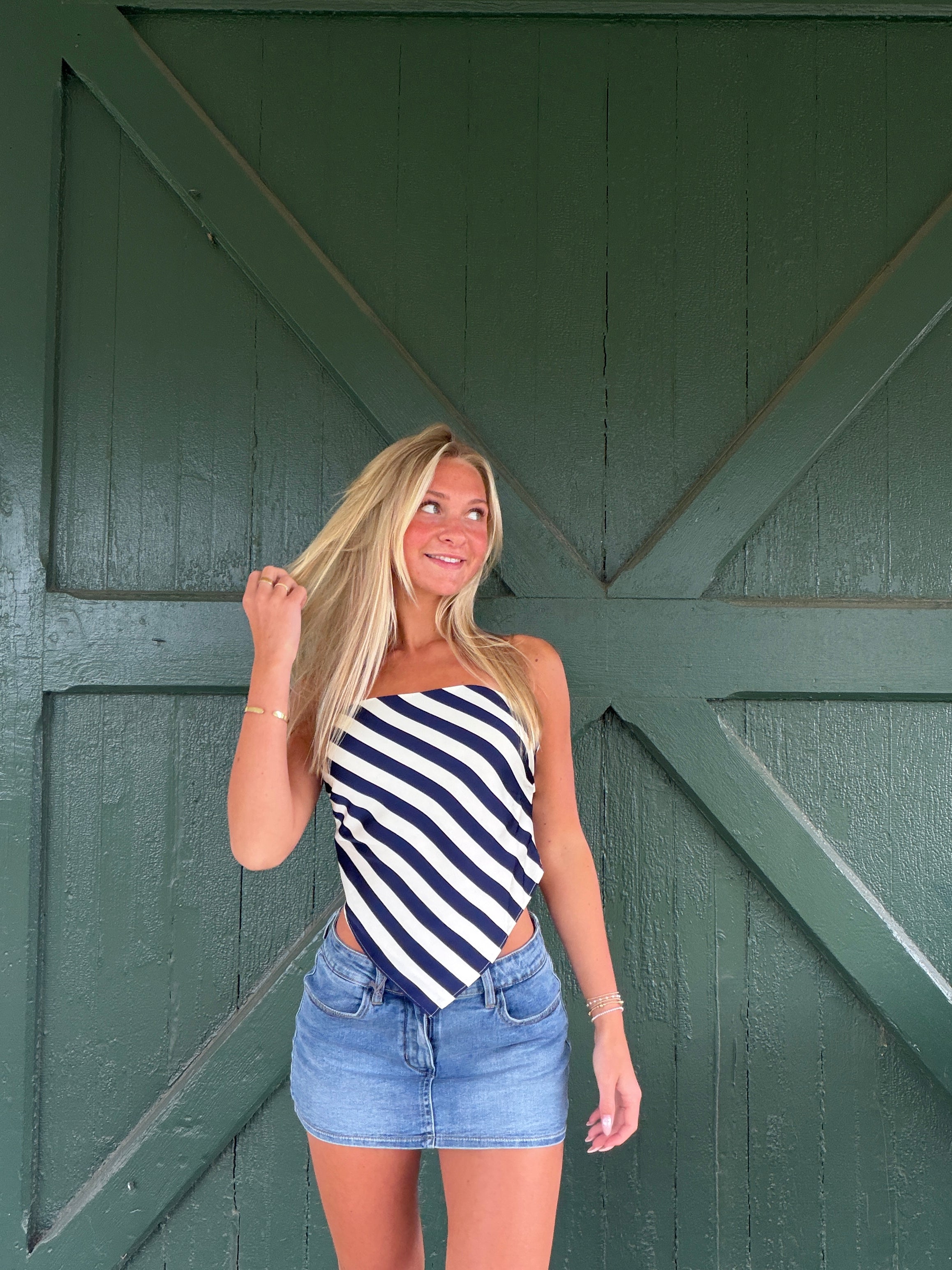 Monroe Satin Handkerchief Stripe Top - Navy