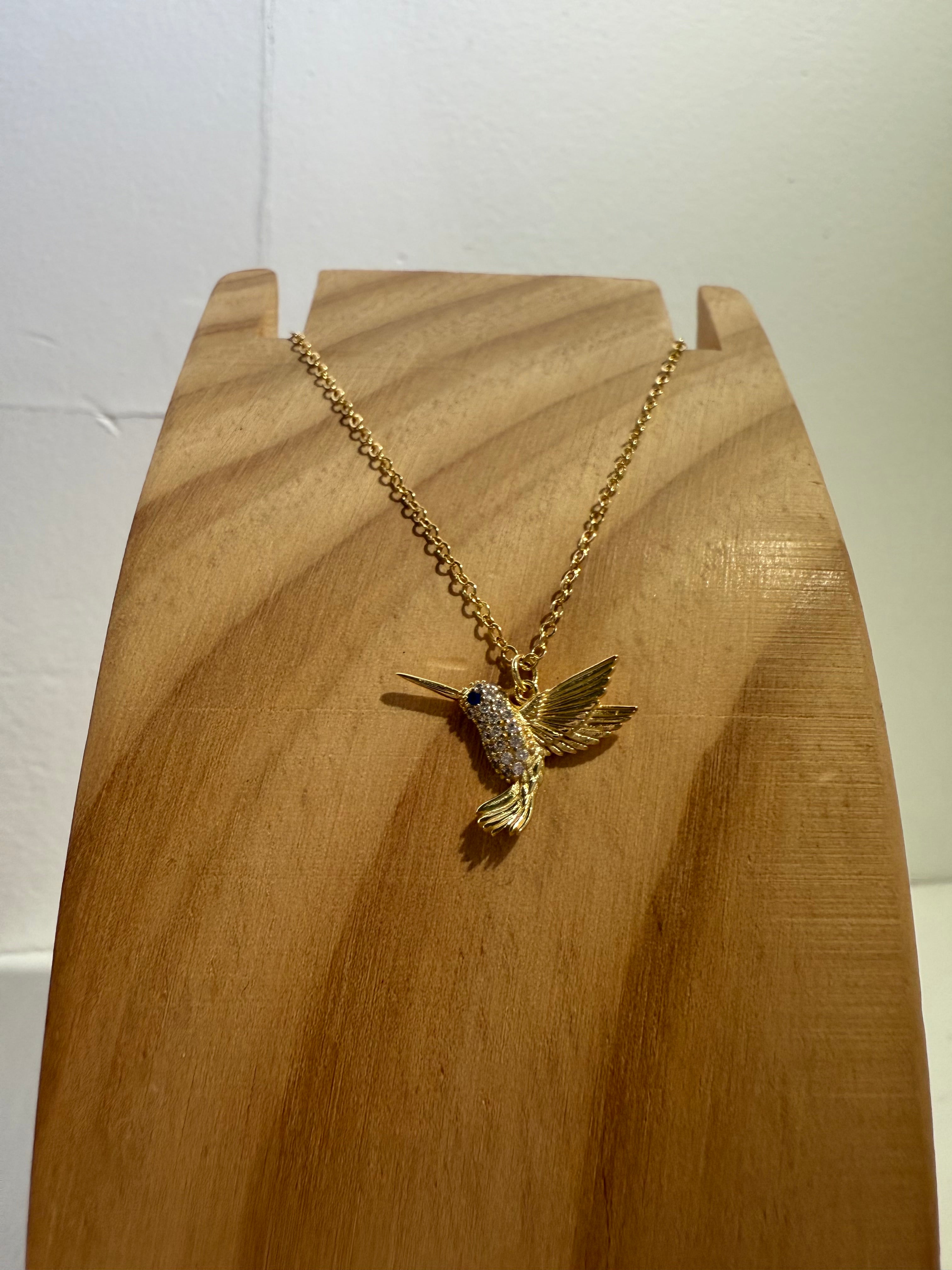 Hummingbird of Light Necklace – Pavé CZ Hummingbird Pendant in 14K Gold Plated Sterling Silver
