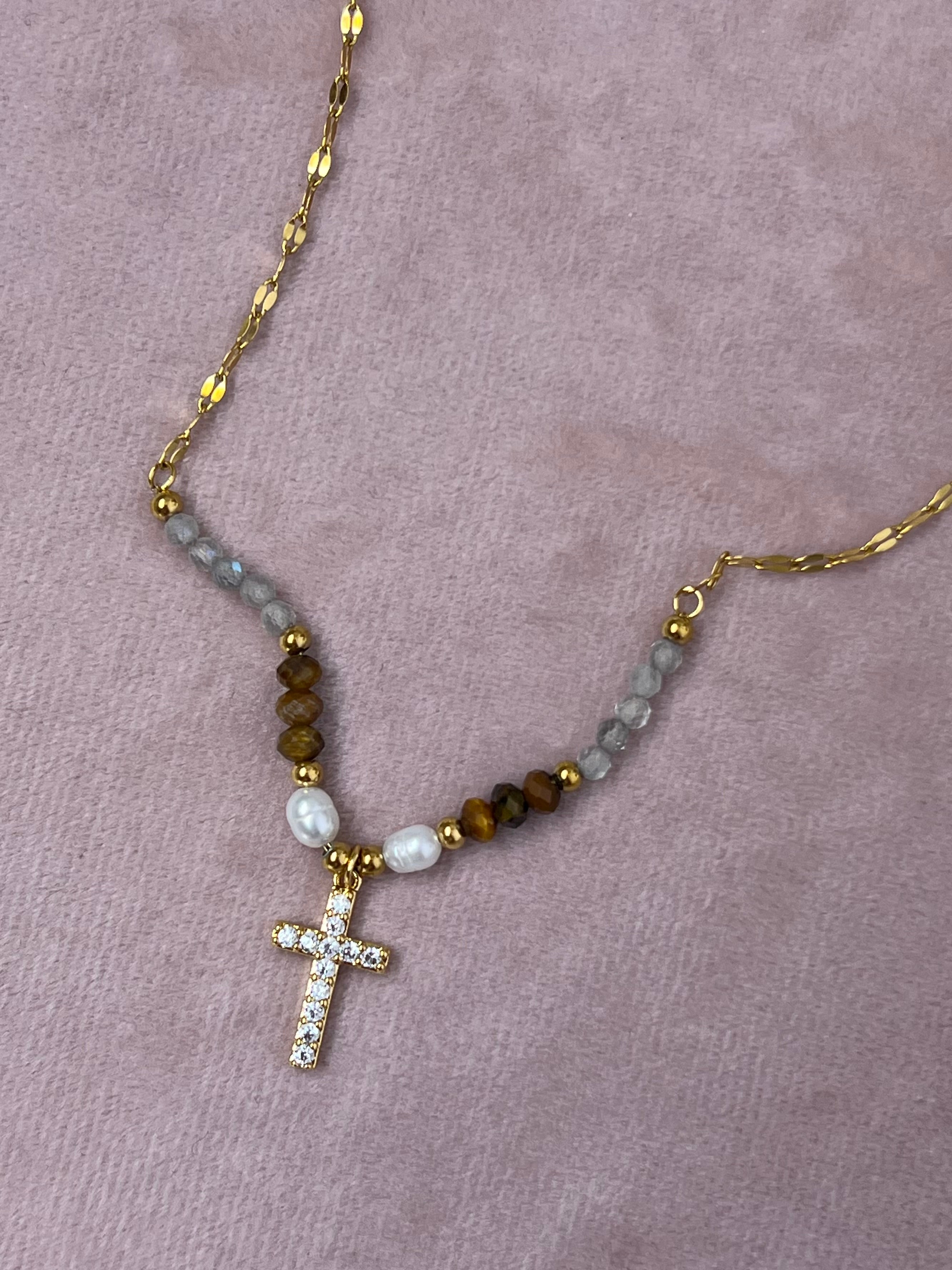 The Valencia Boho Crystal Cross Necklace – Water-Resistant, Tarnish-Resistant