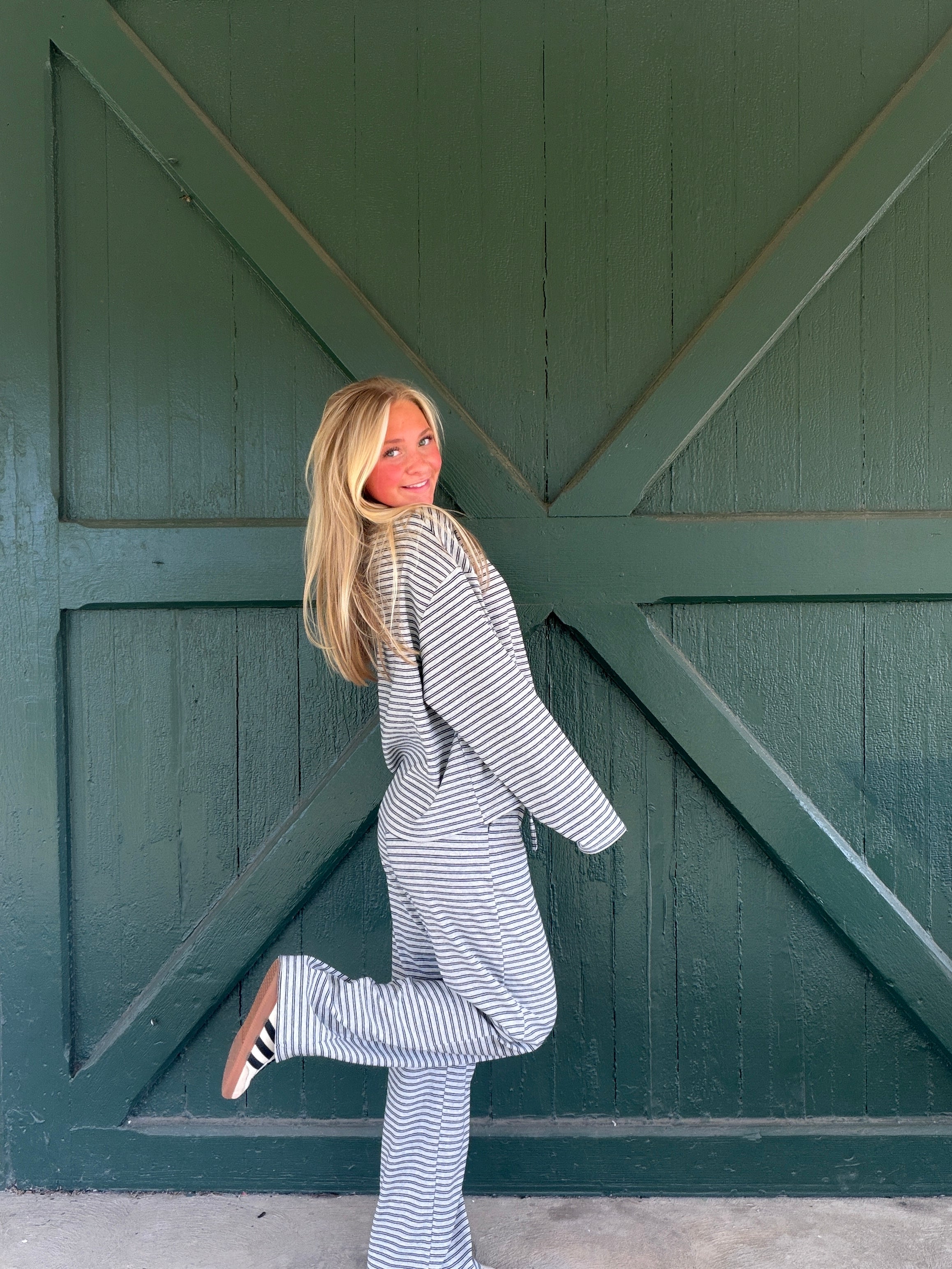 Dylan Heather Grey Stripe Long Sleeve Crew Neck