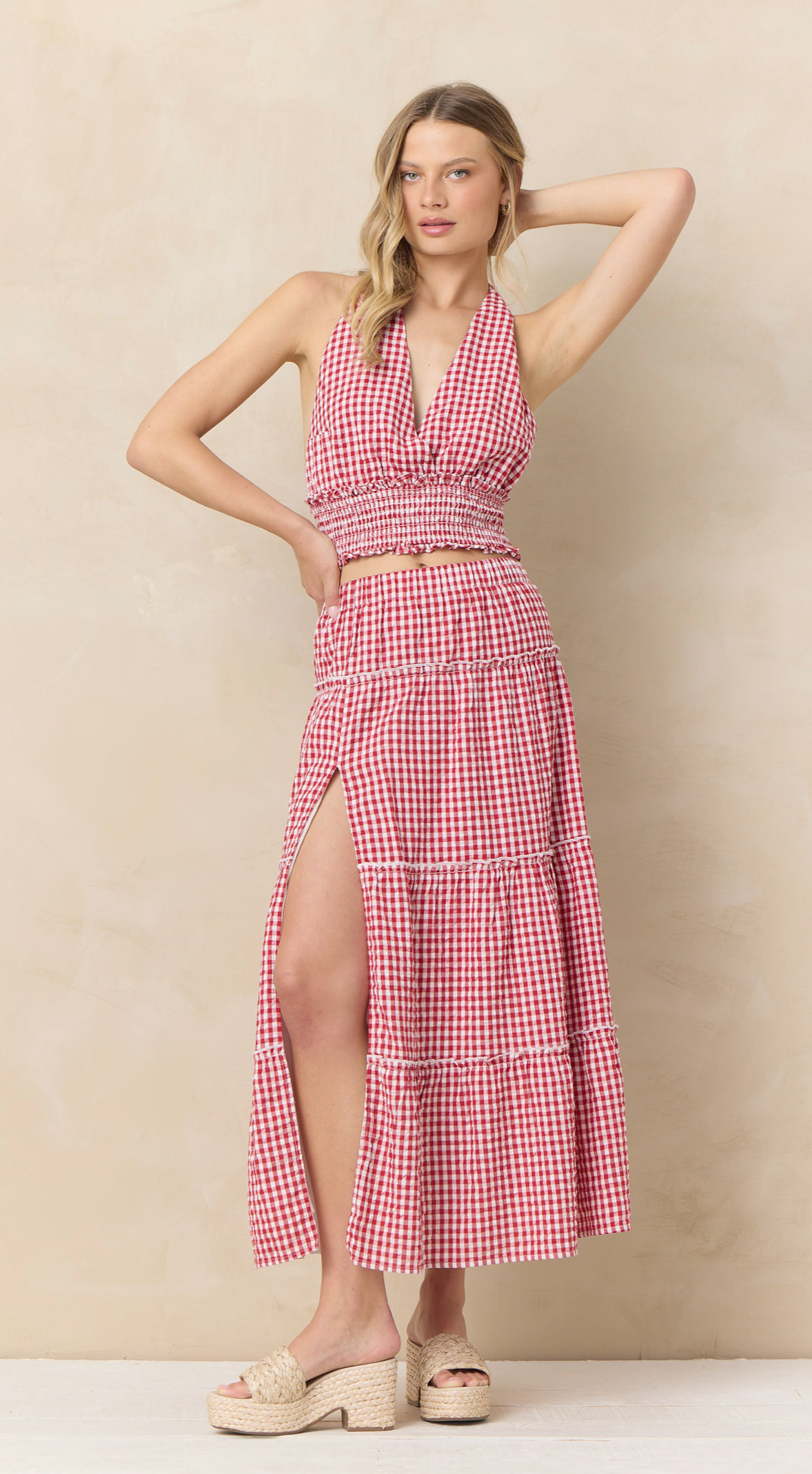 Vintage Havana Red Cherry Gingham Woven Maxi Prairie Skirt
