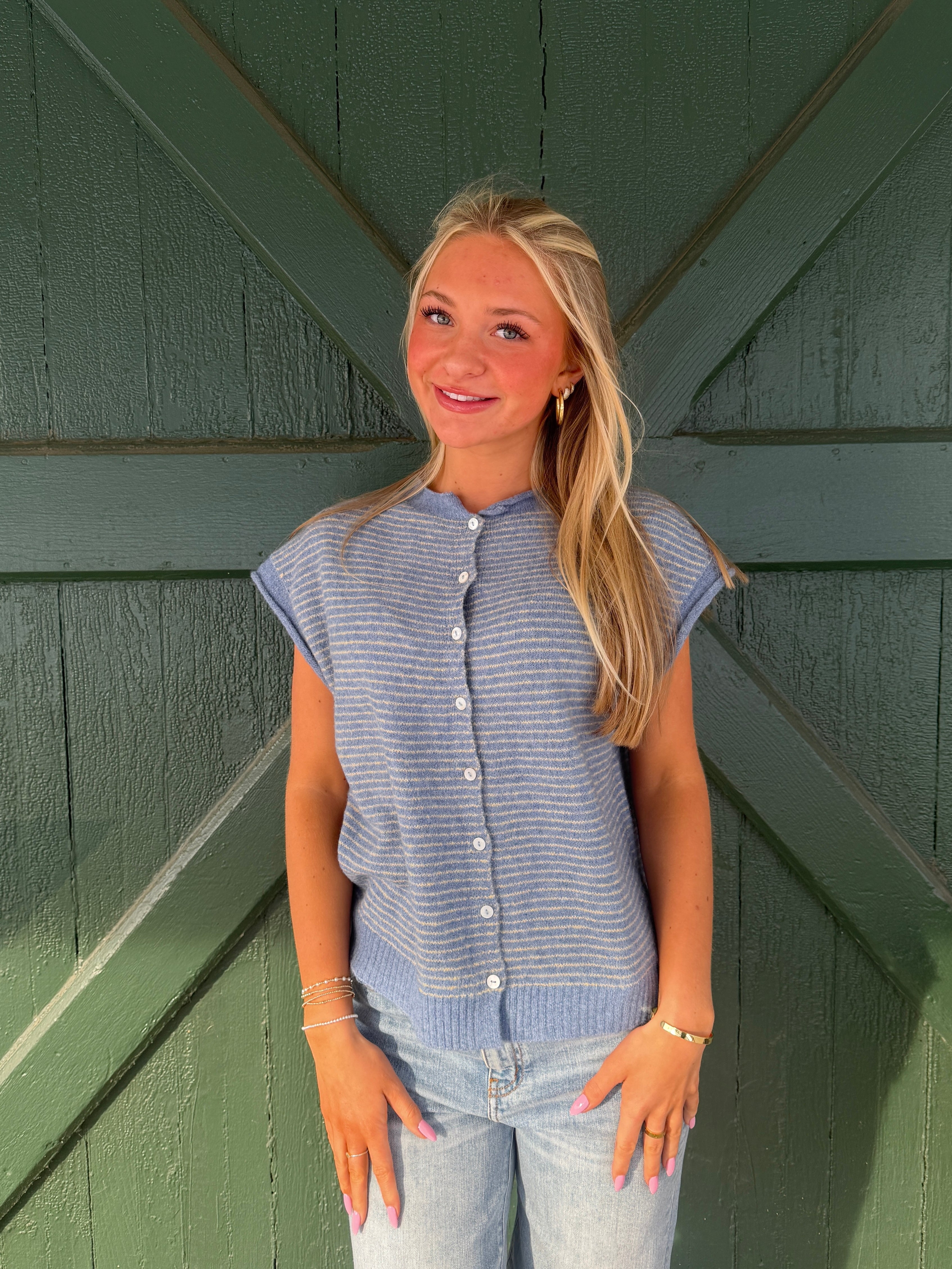 The Dusty Blue  Mini Stripe Sleeveless It Girl Sweater
