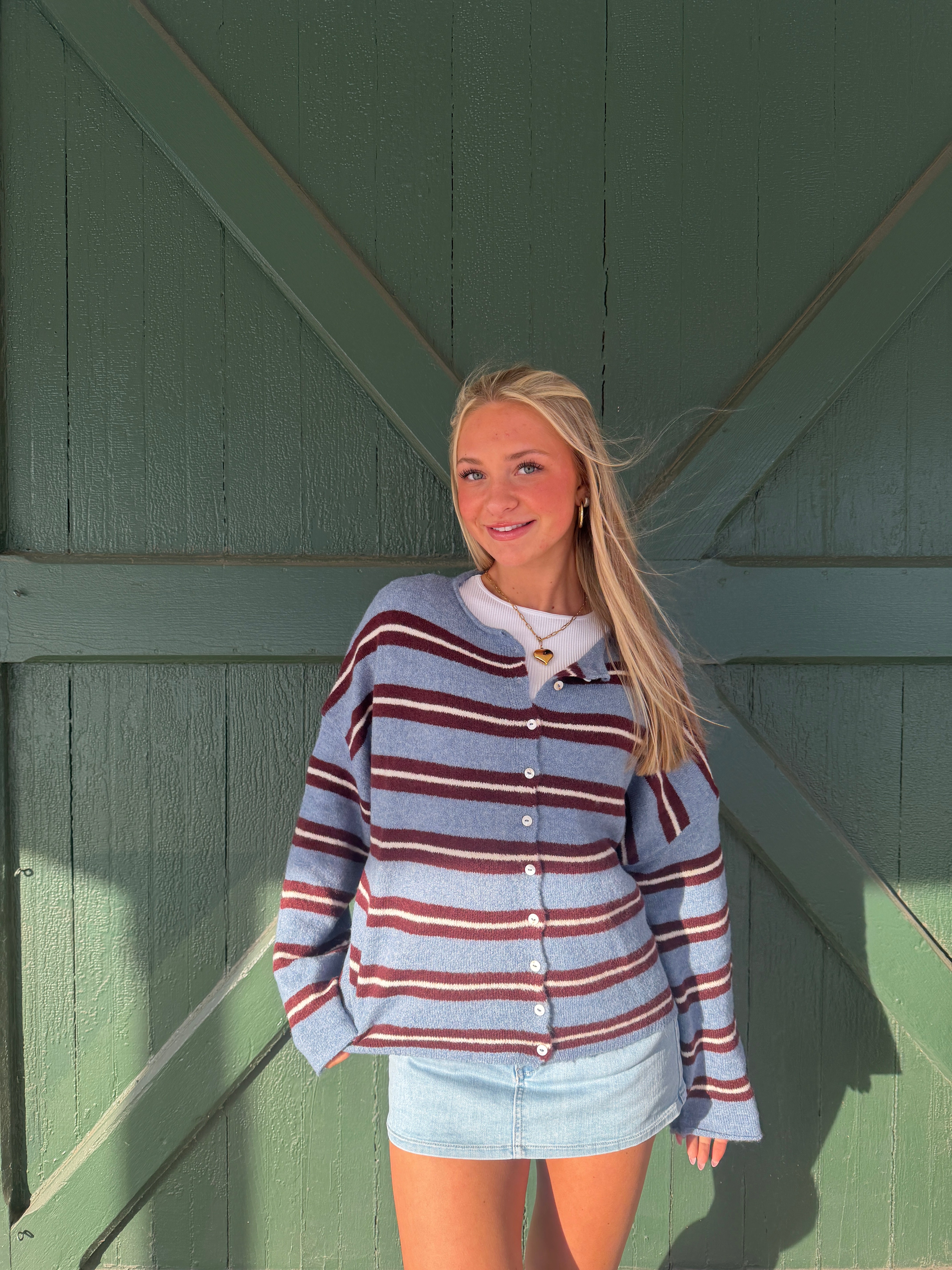 It Girl Striped Dusty Blue Stripe Everyday Comfort Cardigan –Dusty Blue + Neutrals