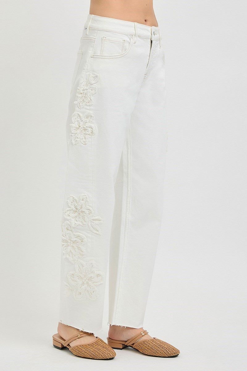 RISEN Tummy Control Slouchy Barrel Fit Pants – Cream with Floral Embroidery