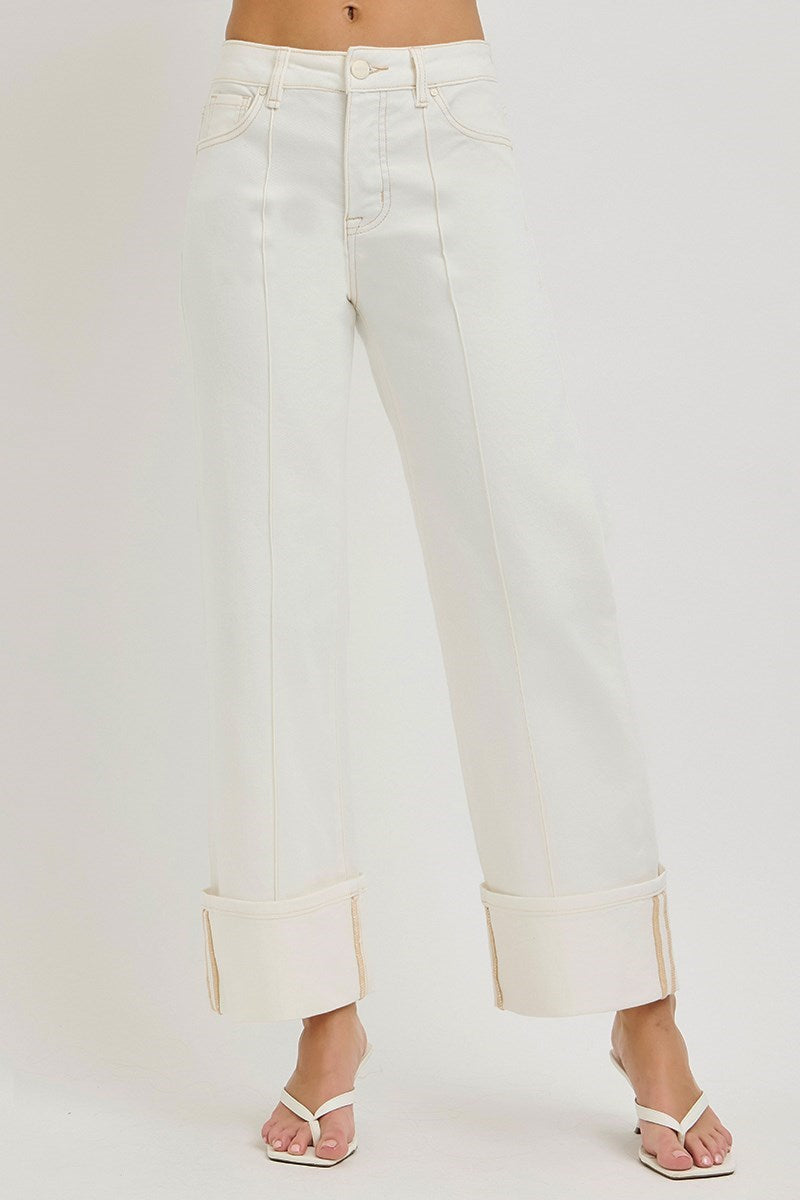 Risen Tummy Control High Rise Crop Wide Leg Denim – Cream