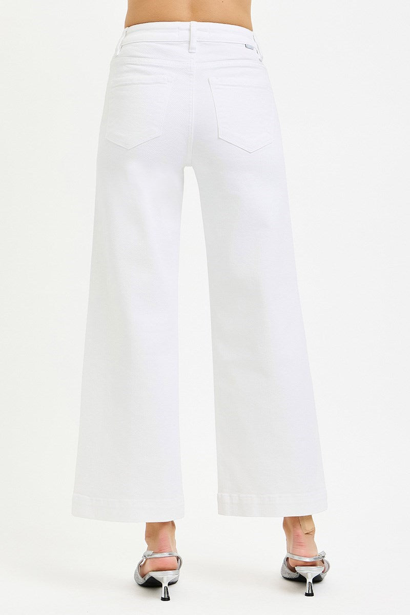 Risen Tummy Control High Rise Crop Wide Leg Pants – White