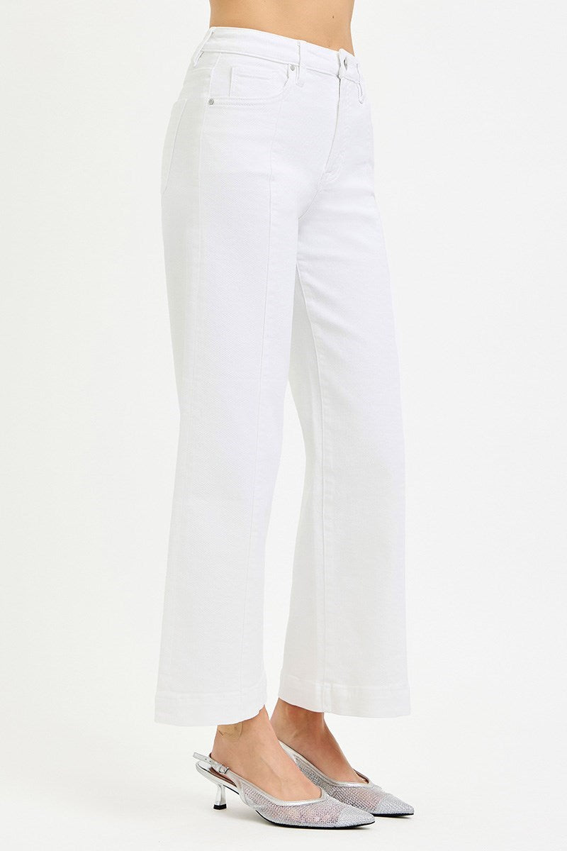 Risen Tummy Control High Rise Crop Wide Leg Pants – White
