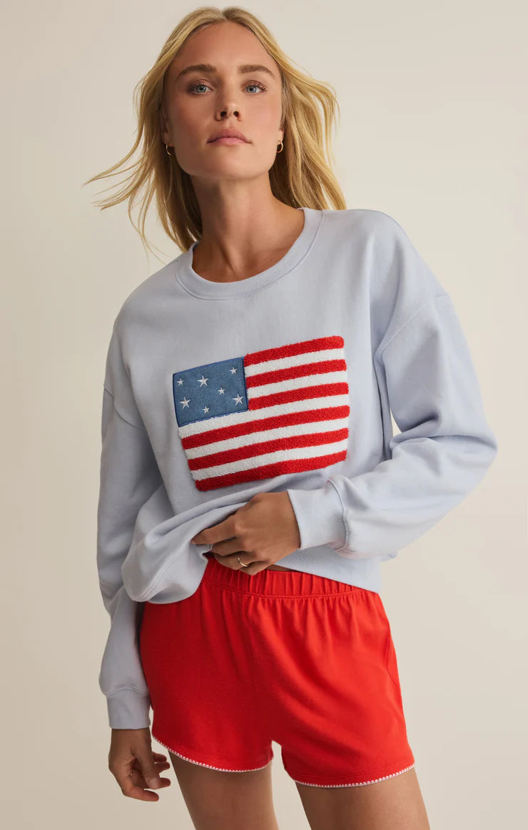 Z Supply Free Time Sweatshirt – Hamptons Blue American Flag Graphic Pullover