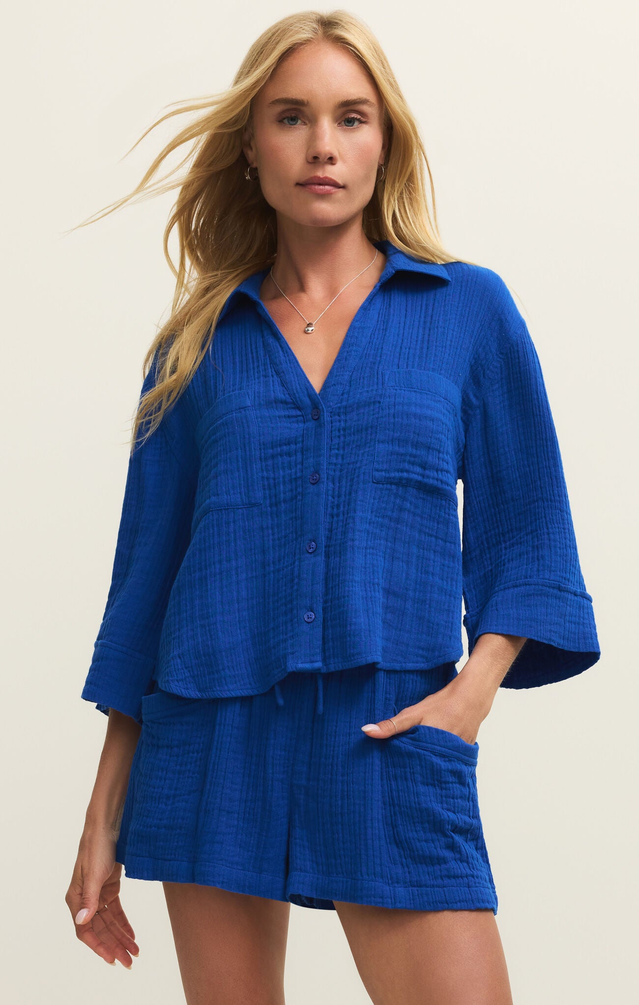 Z Supply Helena Nautical Blue Button Down Shirt – Women’s Lightweight Linen Summer Top